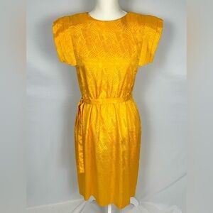 Vintage Raoul sunshine yellow satin midi dress short sleeves, pockets, 6 Petite